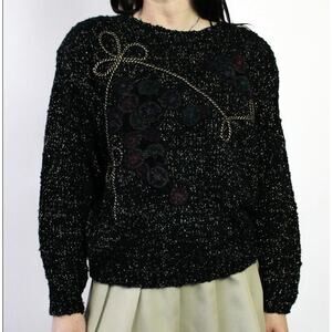 Vintage 80s Colleen's Collectables Metallic Floral Knit Sweater M Black Gold
